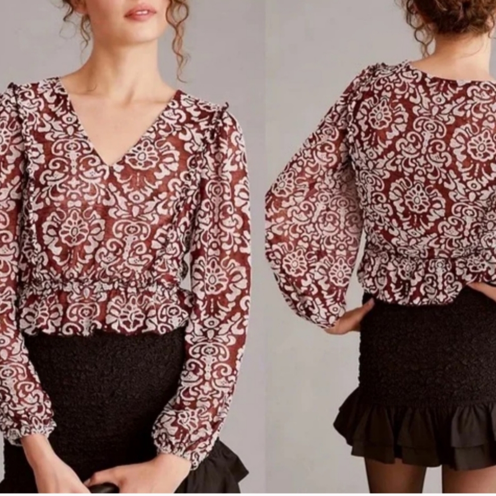Anthropologie jacquard semi sheer peasant top